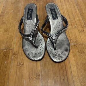 Chic Matisse Women's Heeled Sandals - Silver and Black Bedazzled, Size 6.5